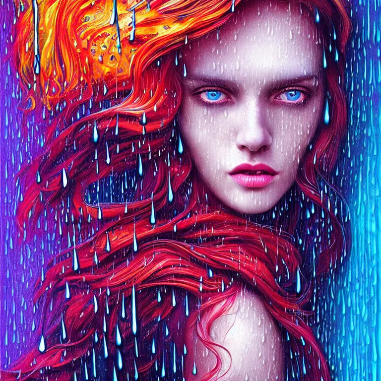 Image similar to bright asthetic portrait of LSD in rain with wet hair and face, liquid, fantasy, intricate, elegant, dramatic lighting, highly detailed, lifelike, photorealistic, digital painting, artstation, illustration, concept art, smooth, sharp focus, art by John Collier and Albert Aublet and Krenz Cushart and Artem Demura and Alphonse Mucha