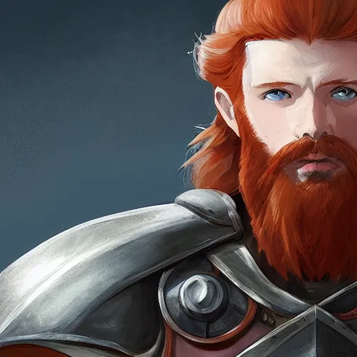 Prompt: portrait of a redheaded man with blue eyes and wearing a armor, medieval background, highly detailed, digital painting, artstation, matte, by makoto shinkai, animation style, studio ghibli, anime key visual