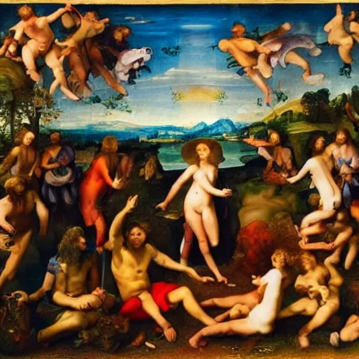 Image similar to Psychedelic Mushroom gathering, renaissance masterpiece