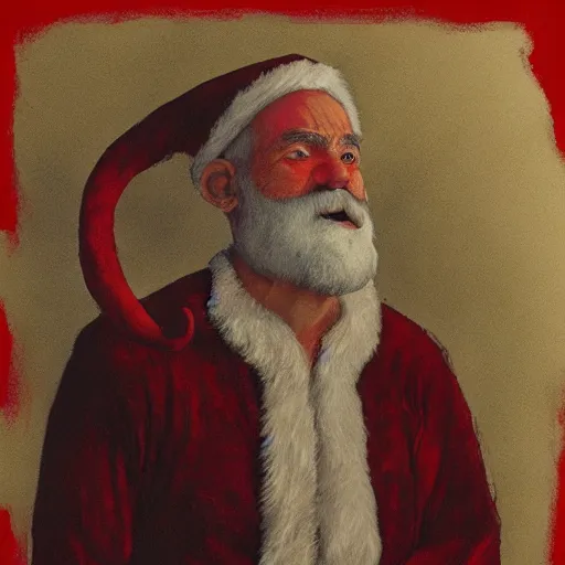 Prompt: Portrait Portrait of Santa Claus the Rotund Elf emerging from his signature red outfit whilst standing atop volcano greg rutkowski dan witz paul klee andrew wyeth tom bagshaw stanton feng bastien lecouffe-deharme tombow oil painting