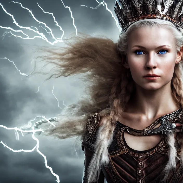 Prompt: photo of a very beautiful!! nordic queen warrior with lightning powers highly detailed 8 k hdr smooth sharp focus high resolution award - winning photo