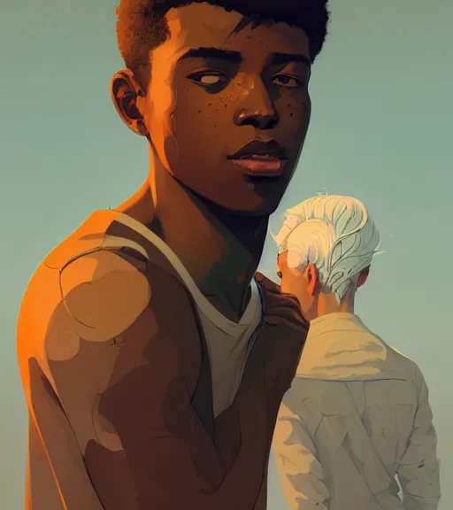 Image similar to portrait of a young man, raised on the island, dark skin, white hair, face tatooes by atey ghailan, by greg rutkowski, by greg tocchini, by james gilleard, by joe fenton, by kaethe butcher, dynamic lighting, gradient light blue, brown, blonde cream and white color scheme, grunge aesthetic