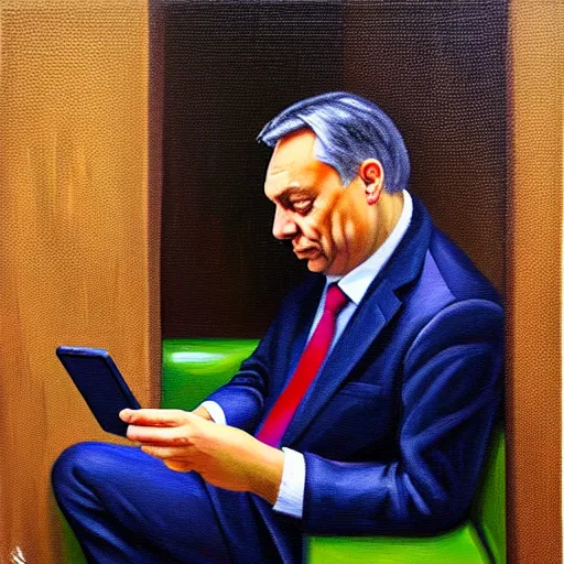 Image similar to viktor orban playing on his phone in a cubicle, oil painting