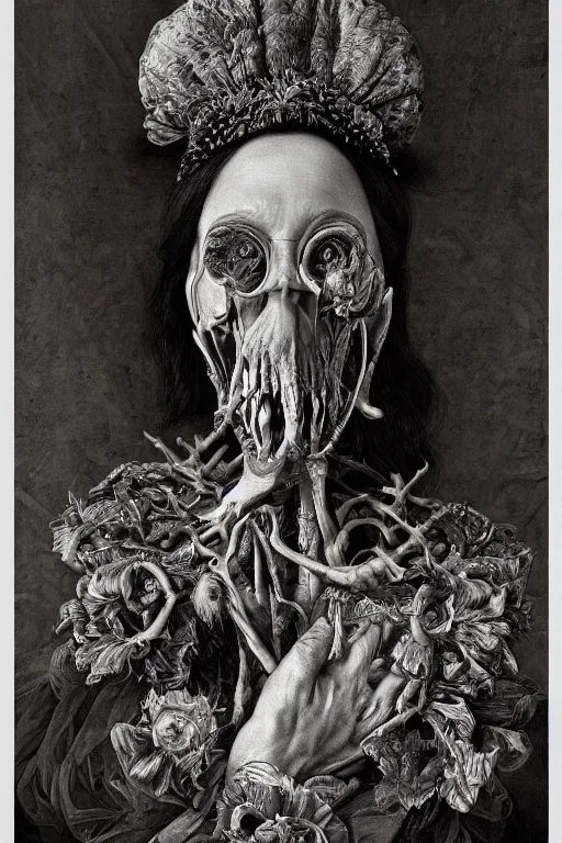 Image similar to Detailed maximalist portrait of an old woman with large lips and eyes, scared, botanical skeletal with extra flesh, HD mixed media, 3D collage, highly detailed and intricate, surreal illustration in the style of Caravaggio, dark art, baroque