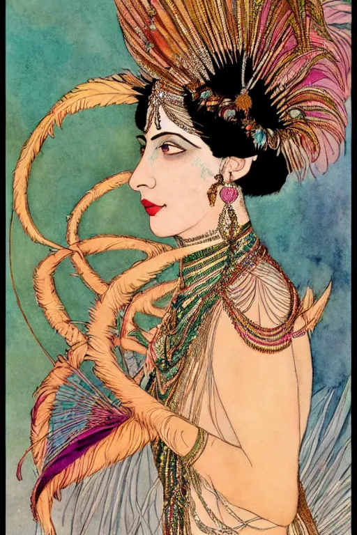 Image similar to portrait of mata hari, ultra realistic, feather headdress, indian fabric swirling colorful, fantasy, intricate, elegant, highly detailed, digital painting, artstation, concept art, matte, sharp focus, illustration, art by kay nielsen and walter crane, illustration style, watercolor