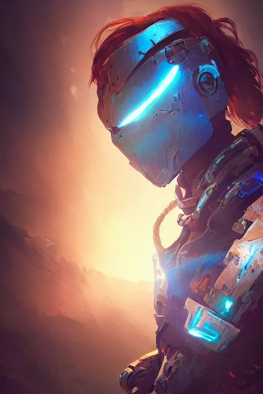 Image similar to combination suit armor aloy horizon forbidden west horizon zero dawn radiating a glowing aura global illumination ray tracing hdr fanart arstation by ian pesty and alena aenami artworks in 4 k tribal robot ninja mask helmet backpack