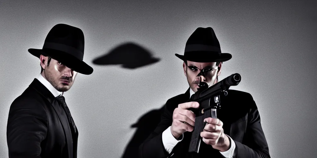 Image similar to serious looking man in a black suit and black fedora hat. he has a big silver gun, 4 k, atmospheric, epic scene, strong shadows, high contrast