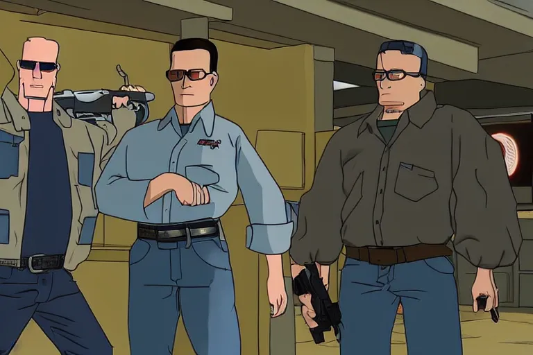 Image similar to hank hill from king of the hill as a terminator, protecting bobby hill as john connor, movie still, from the movie terminator 2 judgement day, 8 k, cinematic lighting