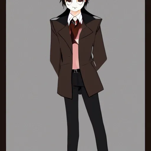 Image similar to a male teen with dark short hair and dark brown eyes wearing a dark formal overcoat, anime style, portait photo, high quality, beautiful, trending on DeviantArt, anime boy