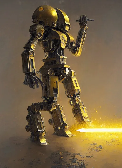 Image similar to human-sized strong intricate yellow pit droid carrying very detailed perfect antique great sword and beautiful large paladin shield, pancake short large head, exposed metal bones, painterly humanoid mecha, epic glorious, by Greg Rutkowski