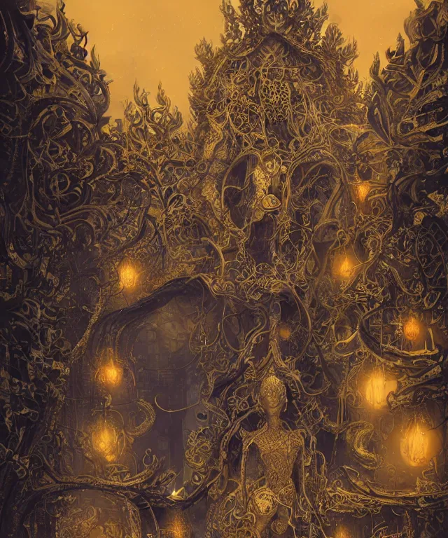 Prompt: a streeet view of wat rong khun temple by charlie bowater and art germ, rule of thirds, golden ratio, art nouveau! cyberpunk! style, mechanical accents!, mecha plate armor, glowing leds, flowing wires with leaves, art nouveau accents, art nouveau patterns and geometry, rich deep moody colors