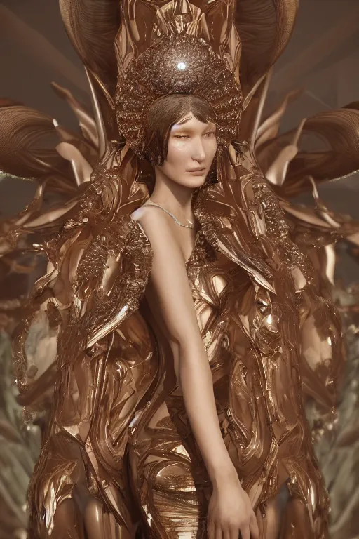 Image similar to a highly detailed 4 k render of a beautiful alien goddess bella hadid in iris van herpen dress schiaparelli in diamonds in style of alphonse mucha trending on artstation made in unreal engine 4