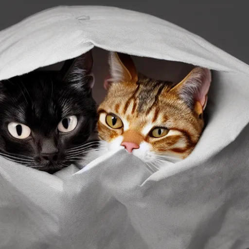 Image similar to a highly detailed photo of multiple furry cats inside a big sack, gray background, studio lighting, 4 k, 8 k