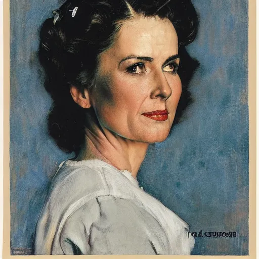 Image similar to head and shoulders portrait of woman, fierce, fully clothed, three quarter profile, norman rockwell, jacob collins, tom lovell, frank schoonover