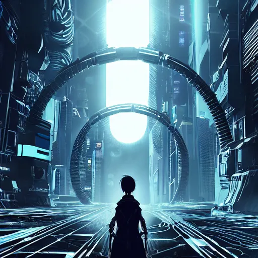 Prompt: Circle portal structure leading to a vast cyberpunk Tokyo in style of Tsutomu Nihei. Cyberpunk, vertical symmetry, 8K, Highly Detailed, Intricate.