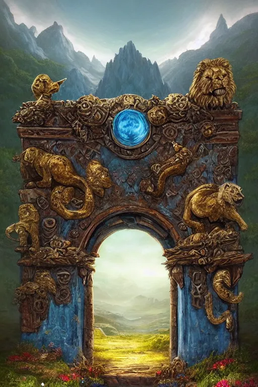 Image similar to A giant medieval fantasy blue energy portal gate with a rusty gold carved lion face at the center of it, the portal takes you to another world, full of colorful flowers on the lost Vibes and mountains in the background, spring, delicate fog, sea breeze rises in the air, by andreas rocha and john howe, and Martin Johnson Heade, featured on artstation, featured on behance, golden ratio, ultrawide angle, f32, well composed, rule of thirds, center spotlight, low angle view