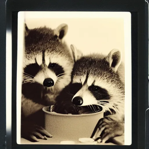 Prompt: polaroid photo of gangster raccoons in smokings, smooking cigar, playing poker, dollars on table