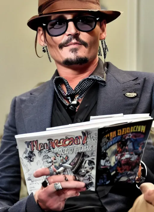 Image similar to johnny depp reading a comic book about a robot from