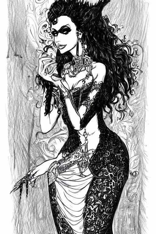 Image similar to pretty gothic sorceress wearing a tight dress with illustrious details, jewelry, ornated clothing, attractive, character concept, black and white drawing with a fine tip pen sketch