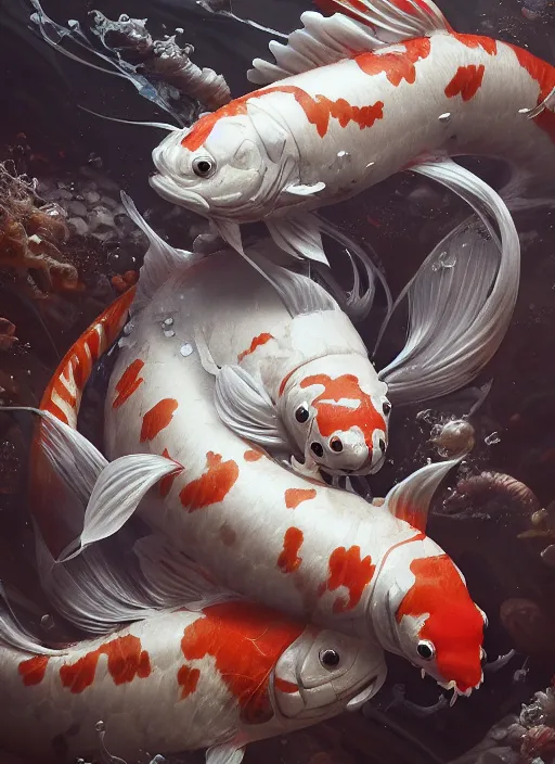 Image similar to subsurface scattering, white, koi, samurai with scale armor and plumes, by jesper ejsing, justin gerard, tomasz alen kopera, cgsociety and fenghua zhong, highly detailed, rim light, cinematic lighting, illustration, art, octane render, very coherent, cinematic, hyper realism, high detail, octane render, 8 k