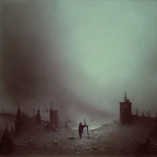 Image similar to sebilj in post - apocalyptic sarajevo, smoke and ash, painting by beksinski