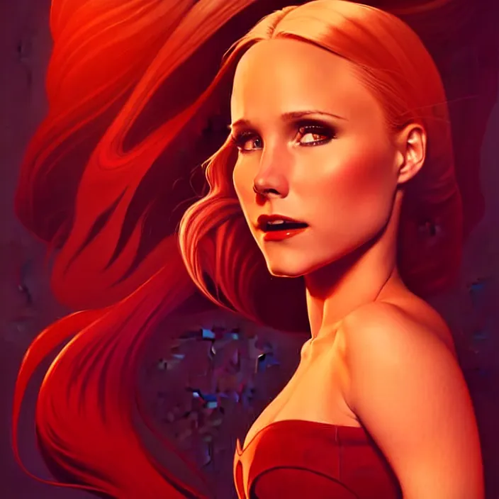 Image similar to style artgerm, joshua middleton : : beautiful kristen bell with dark red dress, very long orange hair, symmetrical face, symmetrical eyes : : fire powers fire swirling : : [ detailed, volcano setting ] : : cinematic lighting