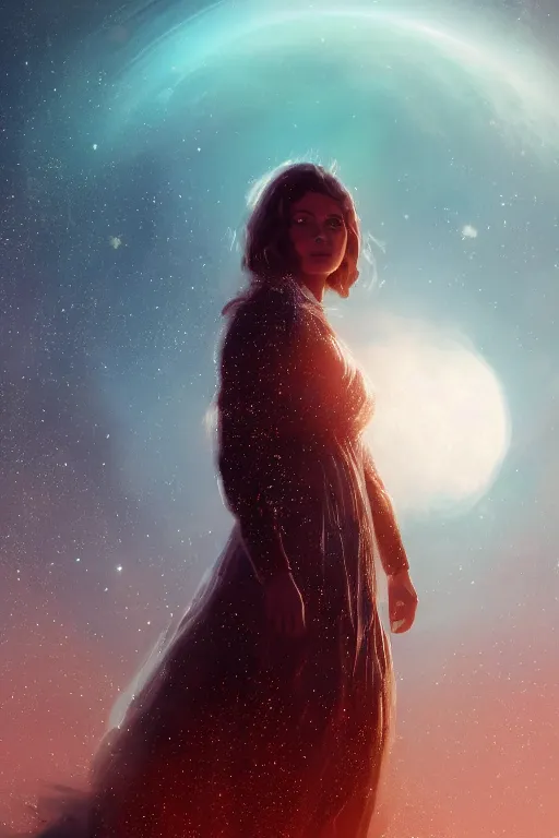 Image similar to a woman, wearing a dress made of stars, volumetric lighting, planets in the background, smooth, sharp focus, very detailed, by greg rutkowski, artstation, tom badshaw, 8 k, symmetrical face