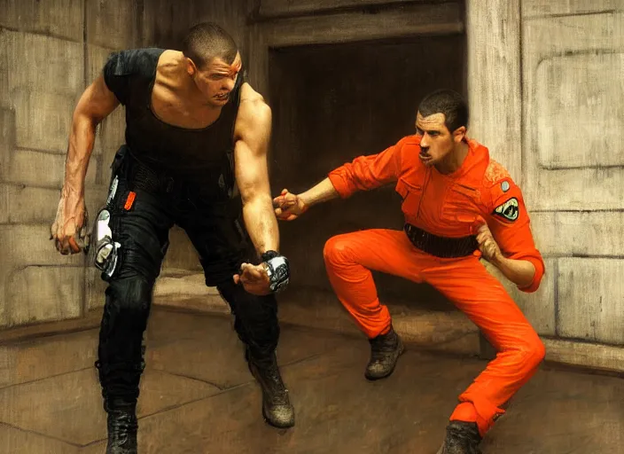 Image similar to Javier evades sgt Nash. Cyberpunk boxer in orange jumpsuit escaping menacing police troopers (blade runner 2049). attractive face. Epic painting by john william waterhouse and Edwin Longsden Long and Theodore Ralli and Nasreddine Dinet, oil on canvas. Cinematic, hyper realism, realistic proportions, dramatic lighting, high detail 4k