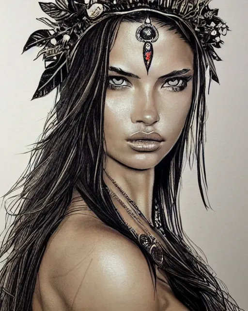 Image similar to realism tattoo sketch of adriana lima as a beautiful greek goddess aphrodite with piercing eyes wearing a laurel wreath and triangle earrings, in the style of greg rutkowski, amazing detail