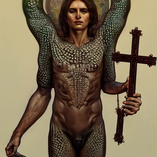 Image similar to fullbody!! christ as a scaly cold blooded reptilian lizard holding a holy cross in his claws, intricate, elegant, highly detailed, digital painting, artstation, concept art, smooth, sharp focus, illustration, art by artgerm and greg rutkowski and alphonse mucha