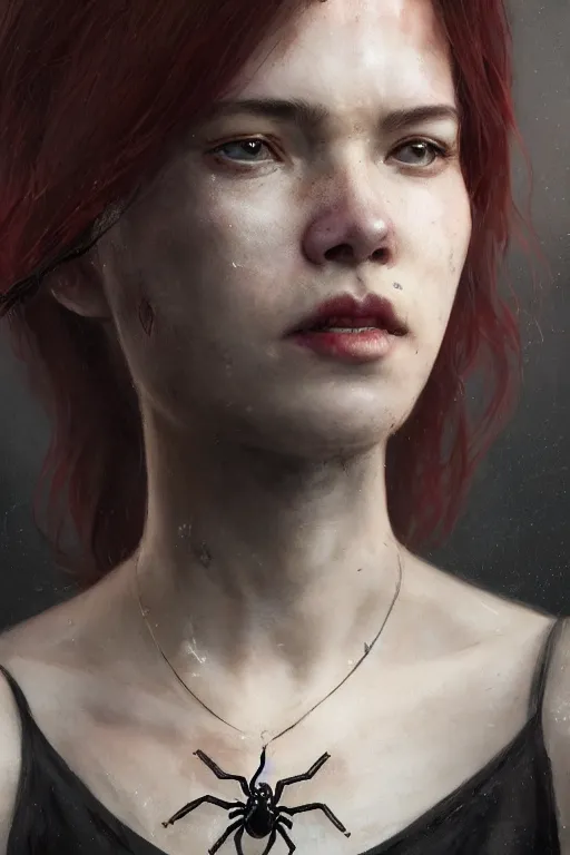 Prompt: A portrait of a women wearing a spider pendent by Greg Rutkowski, Sung Choi, Mitchell Mohrhauser, Maciej Kuciara, Johnson Ting, Maxim Verehin, Peter Konig, Resident evil , 8k photorealistic, cinematic lighting, HD, high details, dramatic, atmospheric , trending on artstation