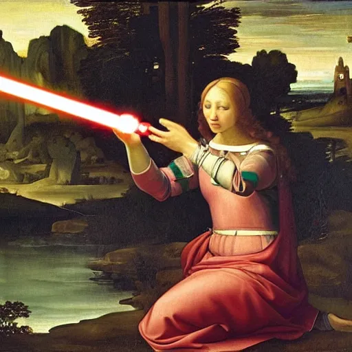 Prompt: renaissance painting of a princess holding a lightsaber