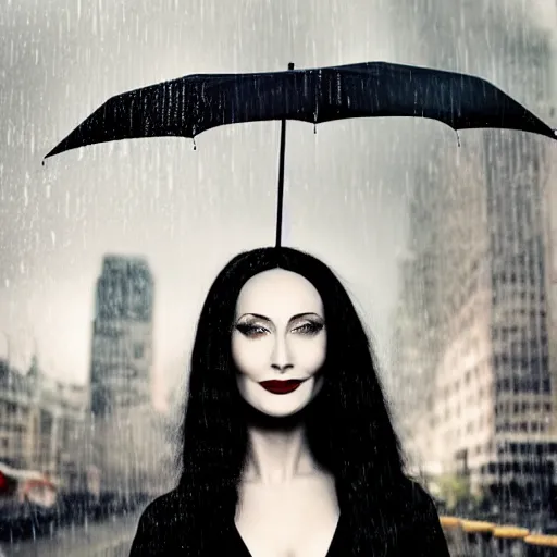 Image similar to morticia addams holding a parasol during a [ humid, rainy day ] as she saunters across the city, closeup!!!, photorealistic facial features, trending on artstation, 4 k photorealism, unsplash, shot by jimmy nelson