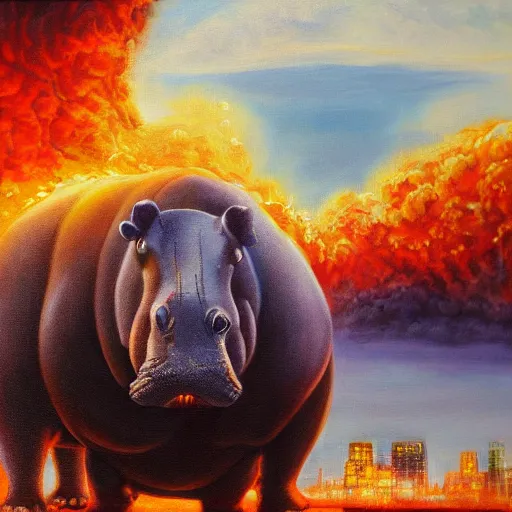 Prompt: Giant hippo over a city in flames, highly detailed painting, 4k, soft light