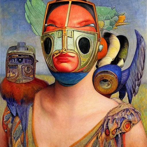 Image similar to the bird queen with her robot mask, by annie swynnerton and diego rivera and elihu vedder, symbolist, dramatic lighting, elaborate geometric ornament, head and shoulders view, art brut, soft cool colors, smooth, sharp focus, extremely detailed, adolf wolfli, donato giancola