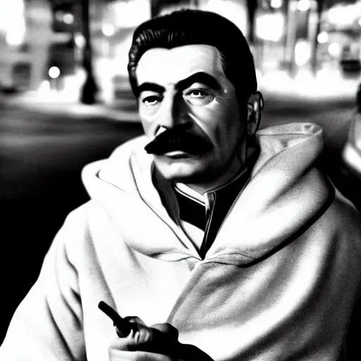 Image similar to cinematic shot of Joseph Stalin wearing a white hoodie and holding a cigarette sitting on a street curb in a bright city at night, 8k, highly detailed,