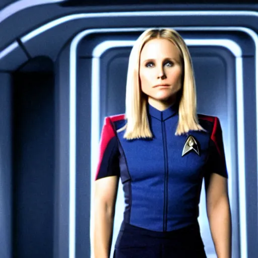 Image similar to a beautiful full body photograph of kristen bell as a star fleet officer from star trek next generation, extreme realism and detail, 8 k, completely framed, direct lighting, 3 5 mm photo, photorealistic, sharp focus