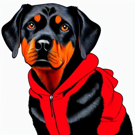 Image similar to Rottweiler wearing a red hoodie, digital art