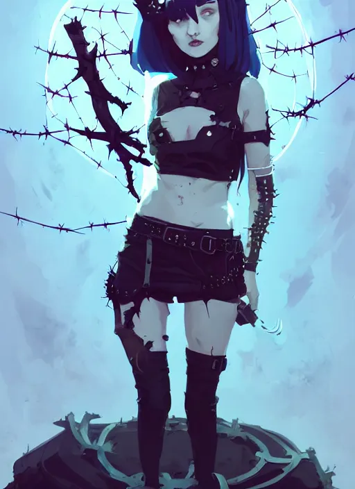 Image similar to cute goth maiden girl with crown of thorns and white short hairs, dressed in leather belts, warhammer, cyberpunk, by atey ghailan, by greg rutkowski, by greg tocchini, by james gilleard, by joe gb fenton, by kaethe butcher, dynamic lighting, gradient light blue, brown, blonde cream and white color in scheme, grunge aesthetic