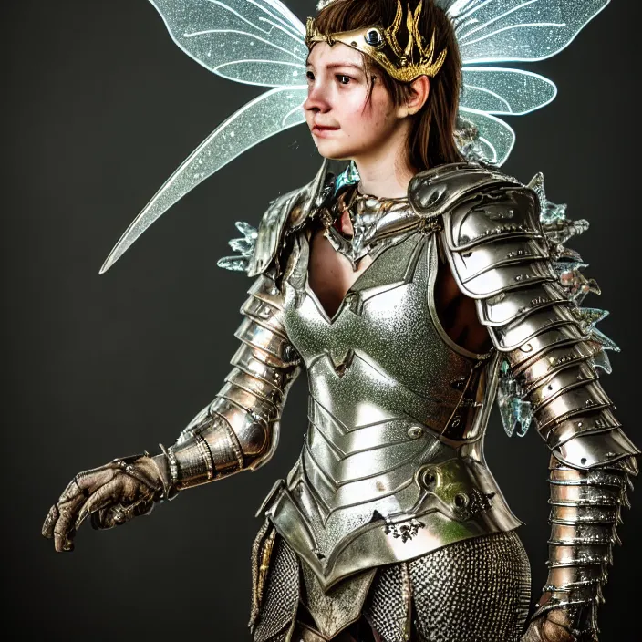 Image similar to full length photo of a fairy warrior wearing sparkling armour, highly detailed, 4 k, hdr, smooth, sharp focus, high resolution, award - winning photo