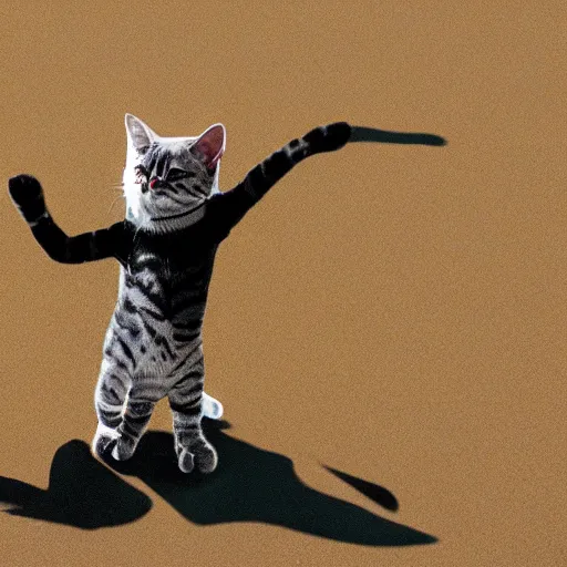 Prompt: a humanized happy cat dancing on sands ,