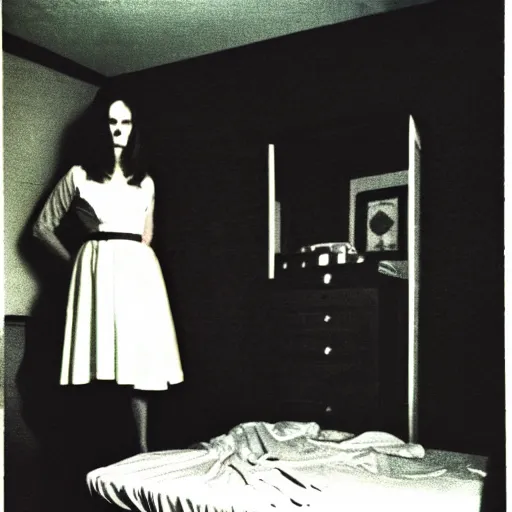 Image similar to beautifully ominous creepy sleep paralysis standing in corner of 1 9 8 0's teeanger cluttered bedroom.