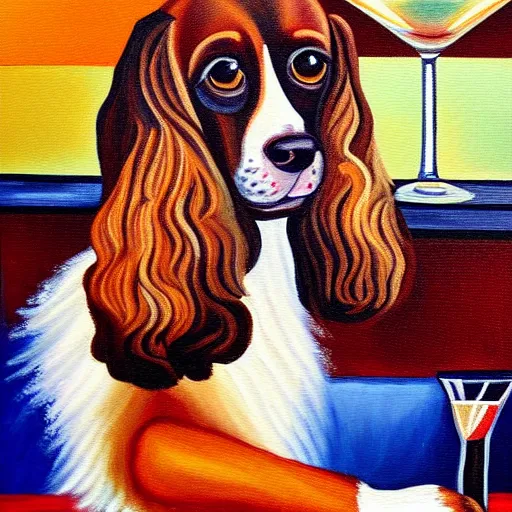 Image similar to a painting of a spaniel at the bar with a Martini, style mila furstova, light effect