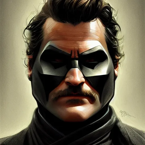 Image similar to handsome Joaquin Phoenix as batman, western, closeup, D&D, fantasy, intricate, elegant, highly detailed, digital painting, artstation, concept art, matte, sharp focus, illustration, art by Artgerm and Greg Rutkowski and Alphonse Mucha