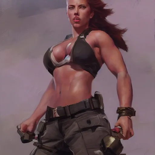 Image similar to greg manchess portrait of scarlett johansson as roided thick female bodybuilder lara croft, fantasy, medium shot, asymmetrical, profile picture, organic painting, sunny day, matte painting, bold shapes, hard edges, street art, trending on artstation, by huang guangjian and gil elvgren and sachin teng