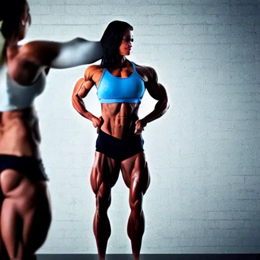 Prompt: female bodybuilder looking skeptically at her reflection in a full body mirror