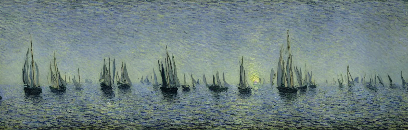 Prompt: An aesthetically pleasing, dynamic, energetic, lively, well-designed digital art of the sailboats on the ocean at night in a low mist, light and shadow, chiaroscuro, by Claude Monet and Vincent Van Gogh, superior quality, masterpiece, excellent use of negative space. 8K, superior detail.