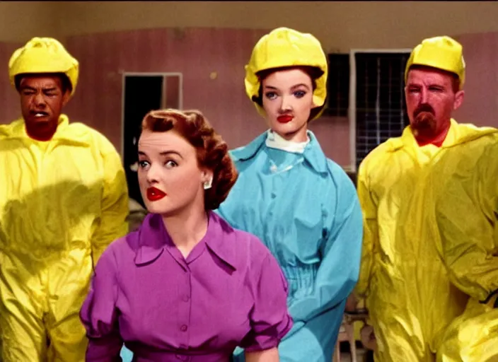 Prompt: a movie still from the 1955 musical Breaking Bad, in full technicolor, cinematic