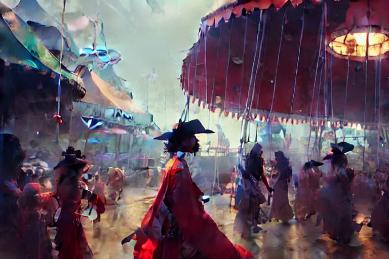 Prompt: close - up of young witches exploring small town carnival amusement, food stalls, big top circus tent, highly detailed, magical, japan, digital painting, concept art, matte, art by ruan jia and wlop and greg rutkowski and makoto shinkai, masterpiece