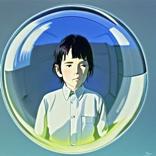 Image similar to hyperrealist, studio ghibli dull colors portrait from close encounters of the third kind 1 9 7 7 of a young scientist standing in a bubble temple.